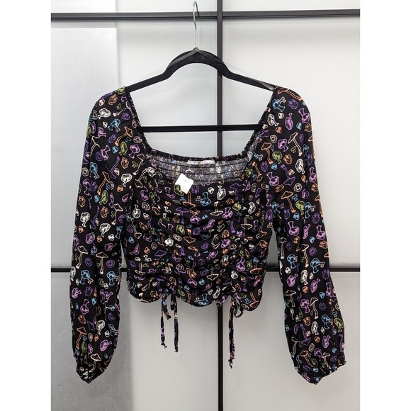 NWT 3rd + Malt|Mushroom Ditsy Crop DrawString Lantern Sleeves Shirt Summer F… - Picture 1 of 5